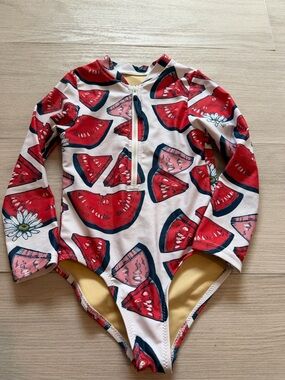 Pink Chicken Red & White Watermelon Long-Sleeve One-Piece Swimsuit